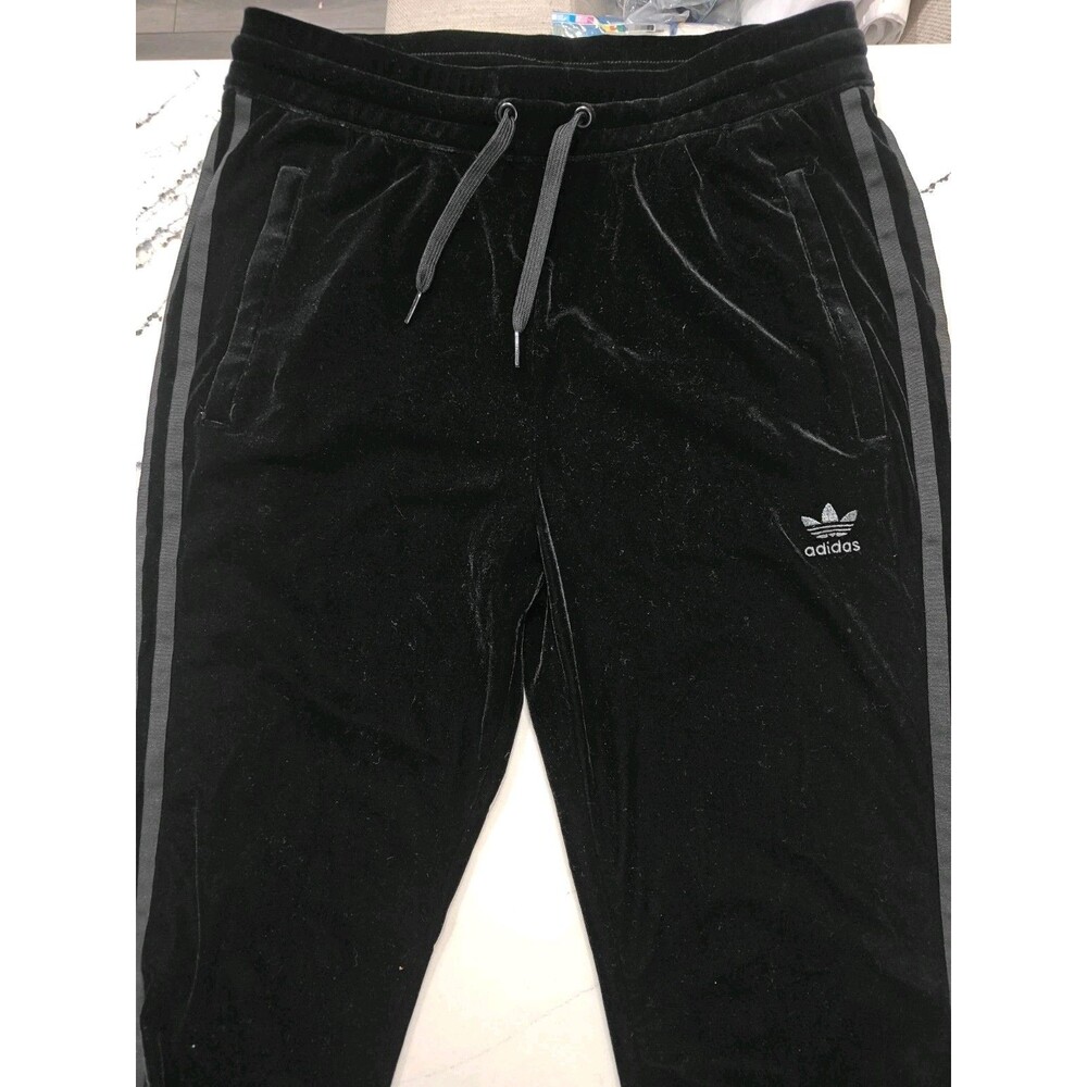 Adidas Velour Crushed Velvet Black Track Pants Sweatpant Tie Waist Adult Medium